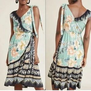 Farm Rio Anthropologie Monica wrap ruffle floral print dress sz L  petite